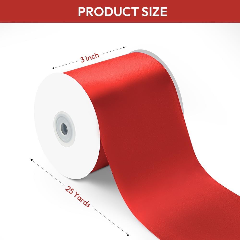 3" Width x 25 Yards Satin Fabric Ribbon, Red Ribbon Perfect for Wedding Car, Chair Sash, Grand Opening Ceremony, Big Bows, Embroidery, Floral Crafts, Party Decoration