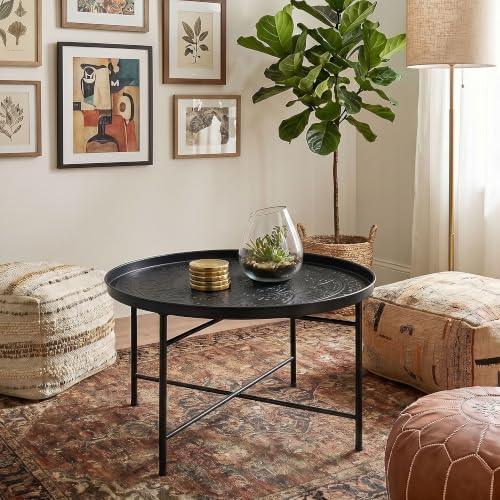 HOMCOM 24" Hammered Round Coffee Table Vintage Metal Side Table Black - Image 7