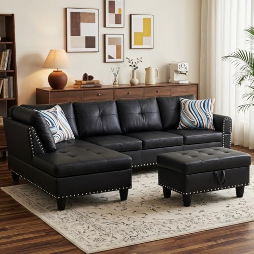 Leather L-Shaped Couch Set, 97.5"L x 69.5"W Sectional Sofas Black - Image 5
