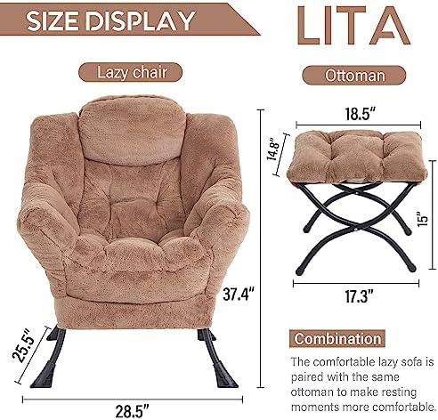 LITA Lazy Chair with Ottoman, Comfy Accent Reading Chair, Plush Brown - Image 3