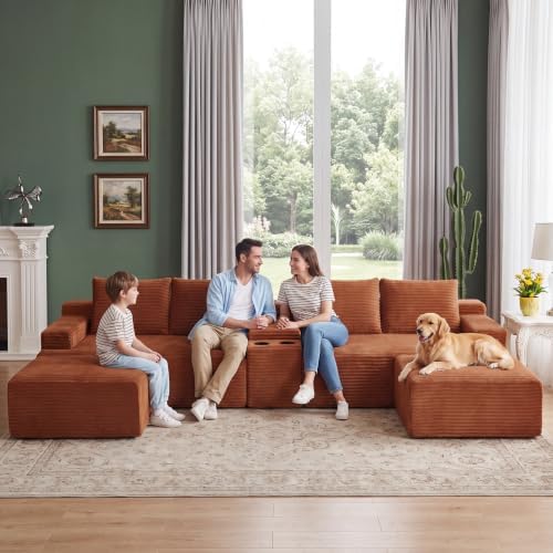 141" Oversized U Shaped Cloud Sectional Boneless Corduroy Sofa Couch Orange - Image 3