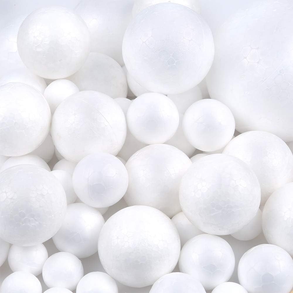 Pllieay 88 White Foam Balls - 6 Sizes, Polystyrene Craft Balls for DIY Art, Household and School Projects