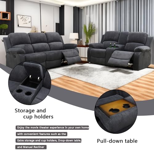 A Ainehome Living Room Furniture Set Grey Corduroy Recliner Sofa Set Loveseat - Image 3
