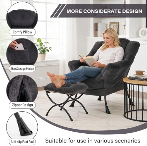 Modern Lazy Chair with Ottoman, Comfy Accent Reading Chair, Plush Navy - Image 4