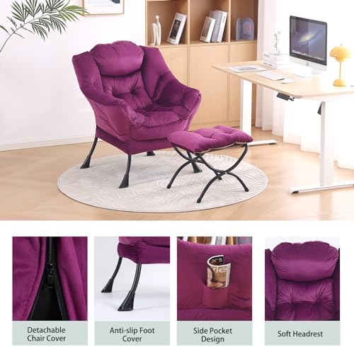 LITA Lazy Chair with Ottoman, Comfy Accent Reading Chair, Velvet Purple - Image 4