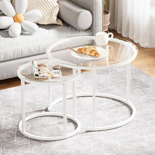 aboxoo White Nesting Glass Table Set of 2, Small Glass Round Nesting Tables by aboxoo