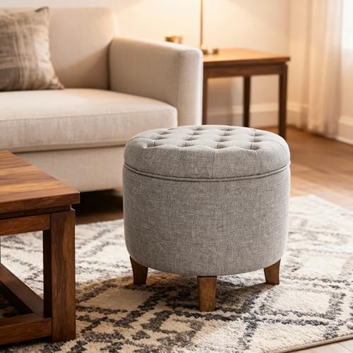 HomePop 19" Button Tufted Round Storage Ottoman - Image 2