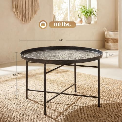 HOMCOM 24" Hammered Round Coffee Table Vintage Metal Side Table Pewter - Image 3