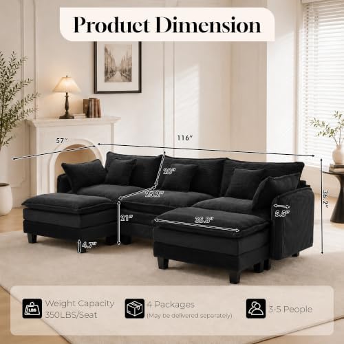 Corduroy Cloud Couch Modular Sectional Sofa, Oversized Deep Seat Modern - Image 2