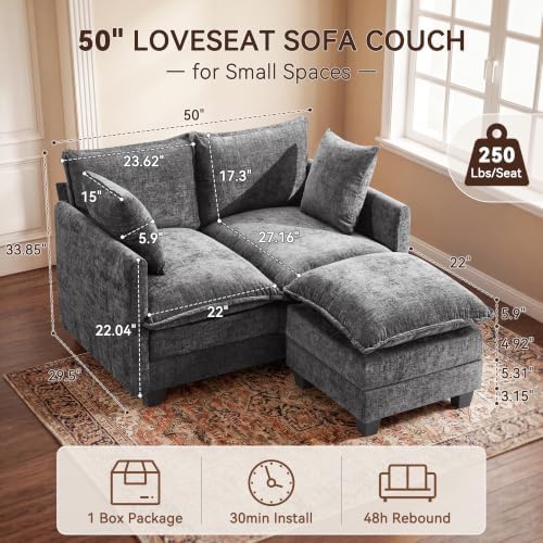 50" Loveseat Sofa with Ottoman, Cloud 2-Layer Cushion & 27" Deep Seat, Modern - Image 2