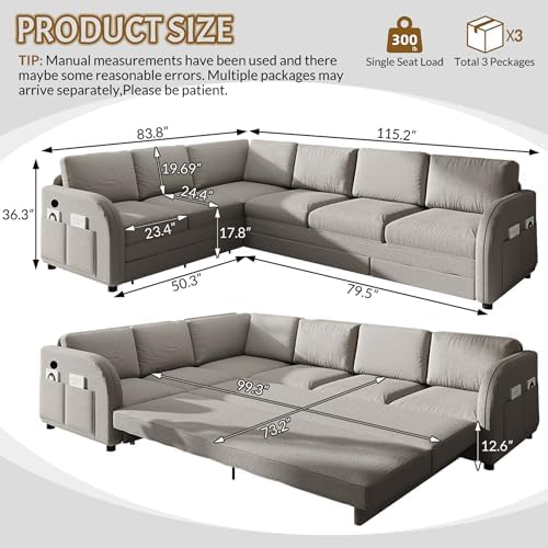 King Size Sleeper Sofas Convertible Couches, Oversized 6-Seat Sectional Sofa - Image 3