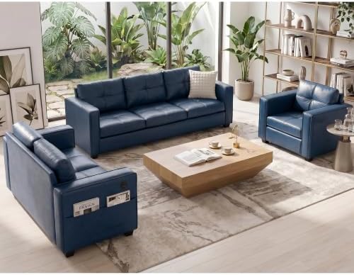Blue Leather 3-Piece Sofa Couch Set by TYBOATLE