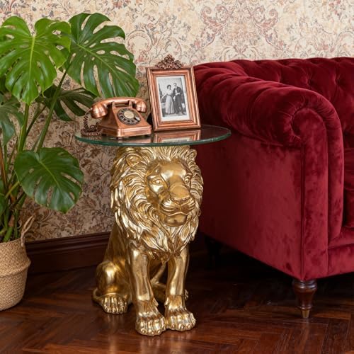 Lion Statue Side Table, 13 inch Tempered Glass Coffee Table - Image 2