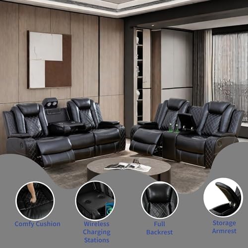 Power Recliner Set with LED Lights, Air Leather Reclining Set with USB - Image 3