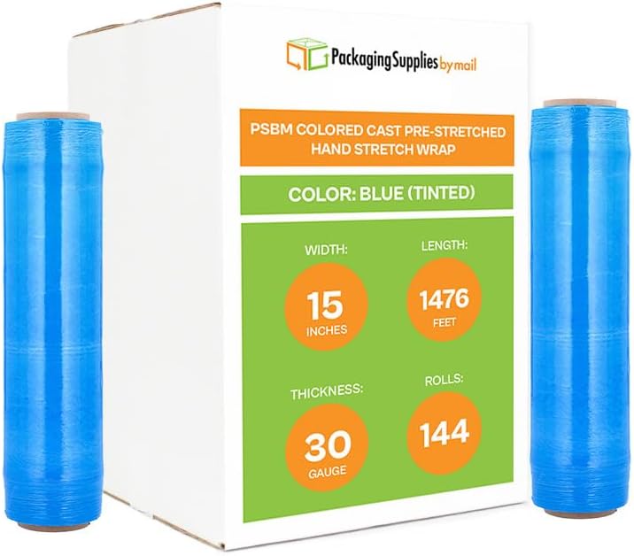 PSBM Blue Stretch Wrap, 15 Inch x 1476 Feet, 144 Pack, Tinted Pre-Stretched Shrink Wrap Film for Moving, Packaging, Pallet Wrapping