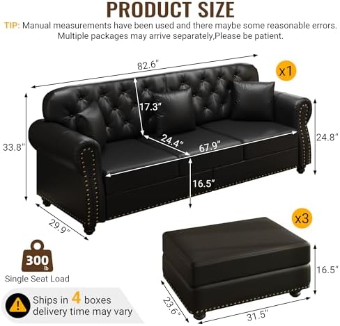 KEIKI 83" Faux Leather Chesterfield Sofa - Image 2