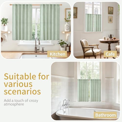 YoungsTex Sage Green Linen Kitchen Window Curtains 36 Inch Length 2 Panels - Image 2