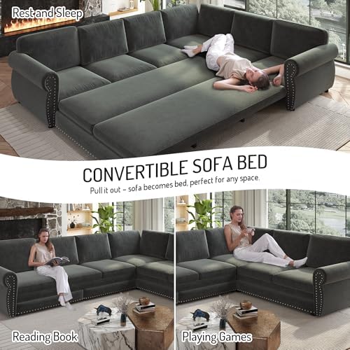 118" Chenille L-Shaped Pull-Out Sectional Vintage Sleeper Sofa, Dark Grey - Image 4