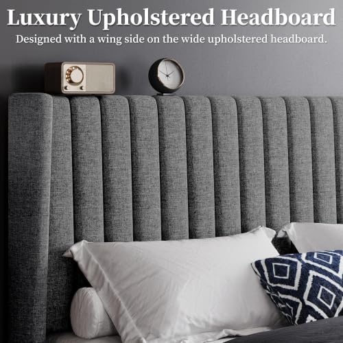 Yaheetech Queen Bed Frame with Headboard, Light Gray Channel-Tufted Platform - Image 4