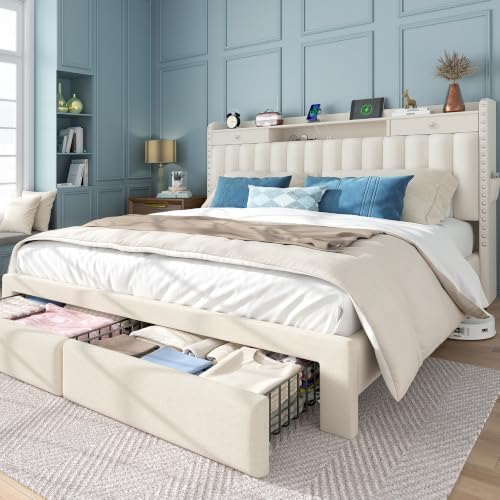 FreeHouse King Bed Frame and 2-Tier Storage Headboard & 4 Drawers by UnwindinYourOwnSpace