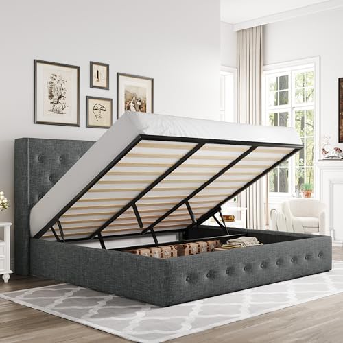 Allewie King Size Lift Up Storage Button-Tufted Bed Frame Dark Grey by Allewie