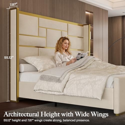 King Bed Frame and Gold Trim Headboard, Upholstered Bed - Image 4