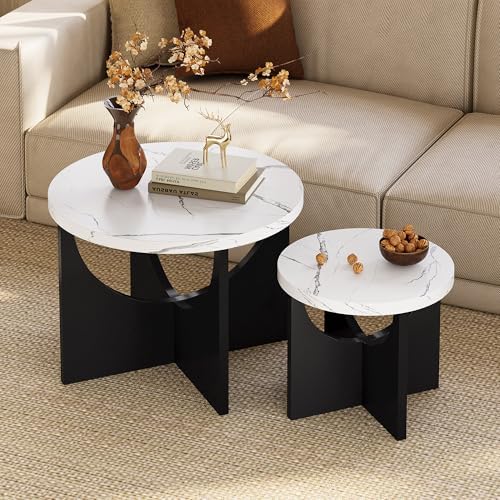 LIKIMIO Nesting Coffee Tables Set of 2, 23.6" Small Tables, Marble White - Image 5