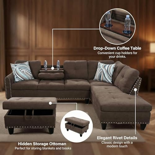 L-Shaped Couch Set, 97.5" L x 69.5" W Sectional Sofas Linen Brown - Image 6