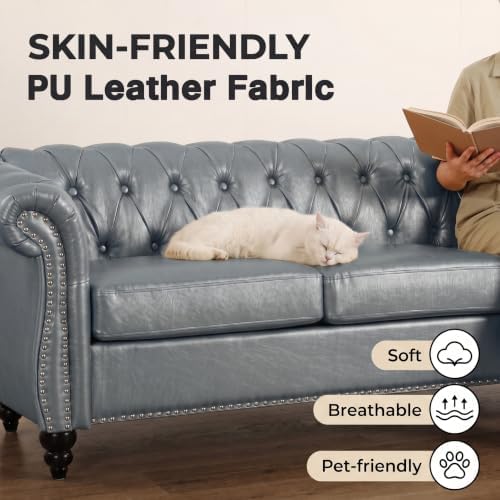 3 Seat Chesterfield Sofa, Faux Leather Couch - Image 5