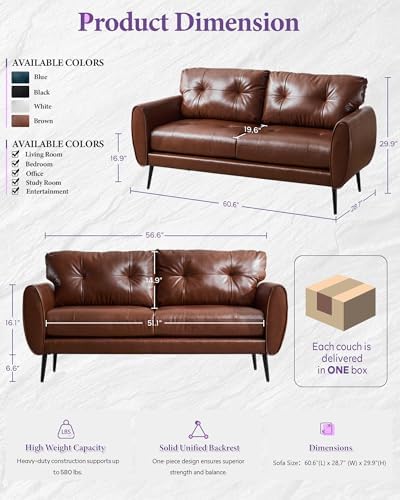 61'' Brown Faux Leather Loveseat, Small Tufted Couch - Image 2