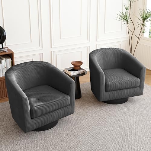 Pia Ricco Set of 4 Corduroy 360° Swivel Barrel Accent Chair Gray - Image 7