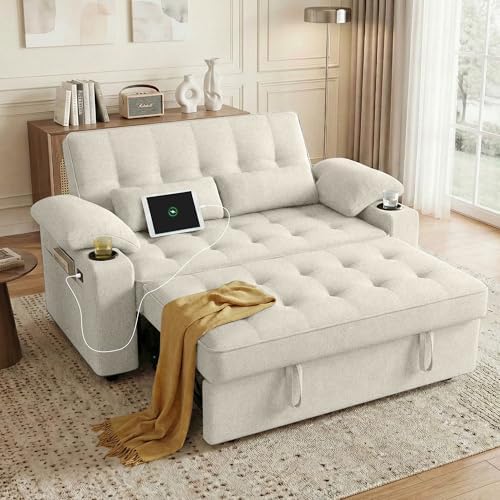 58'' Convertible Sofa Bed with USB Charger and Cup Holders, Teddy Fabric by tiramisubest
