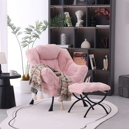 Modern Lazy Chair with Ottoman, Comfy Accent Reading Chair, Plush Pink - Image 2