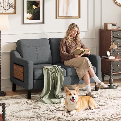 MALOL 51" Upholstered Loveseat Sofa Foldable Side Table, Dark Grey - Image 3