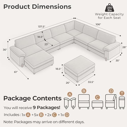 SITJOY Cloud Couch Sectional, 6 Seater V-Shaped, Chenille in Light Gray - Image 2