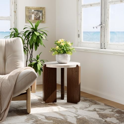 COSIEST 17.7" Mini Round Side Table, Faux Marble, Cream & Brown by COSIEST