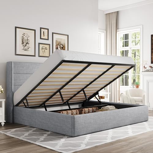 Allewie King Size Lift Up Hydraulic Storage Bed Frame Light Grey by Allewie