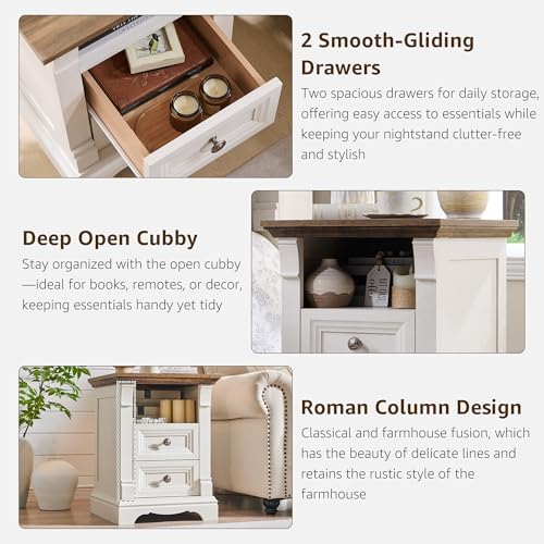 Farmhouse Nightstand with Charging Station 18"Wood End Table w/Roman Column - Image 5