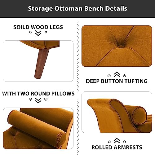 Storage Bench for Bedroom End of Bed, Velvet Upholstered Rolled Armed Button - Image 6