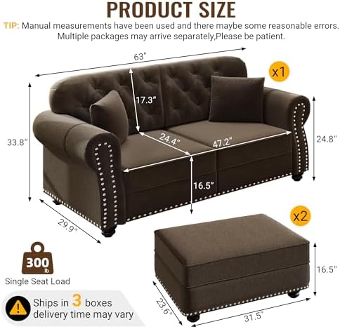 KEIKI 63" Velvet Chesterfield Sofa - Image 2