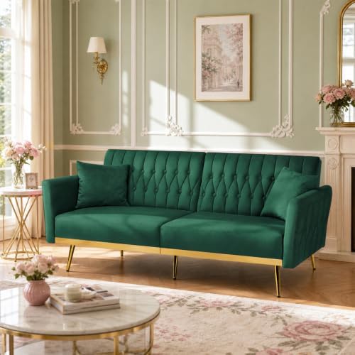 70” Velvet Futon Sofa Bed w/Adjustable Armrests - Image 4