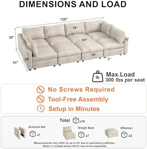 128'' Faux Leather Modular Sectional Sofa Bed Sleeper - Image 2