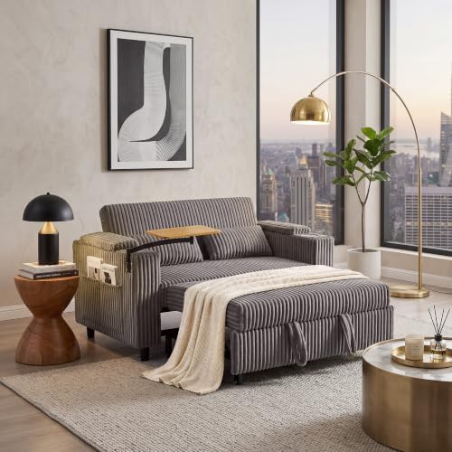 LINSY HOME 3-in-1 Pull Out Sofa Bed, 360° Swivel Table, Storage Armrests by LINSYHOME