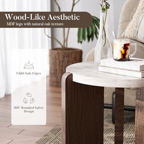 COSIEST 17.7" Mini Round Side Table, Faux Marble, Cream & Brown - Image 3