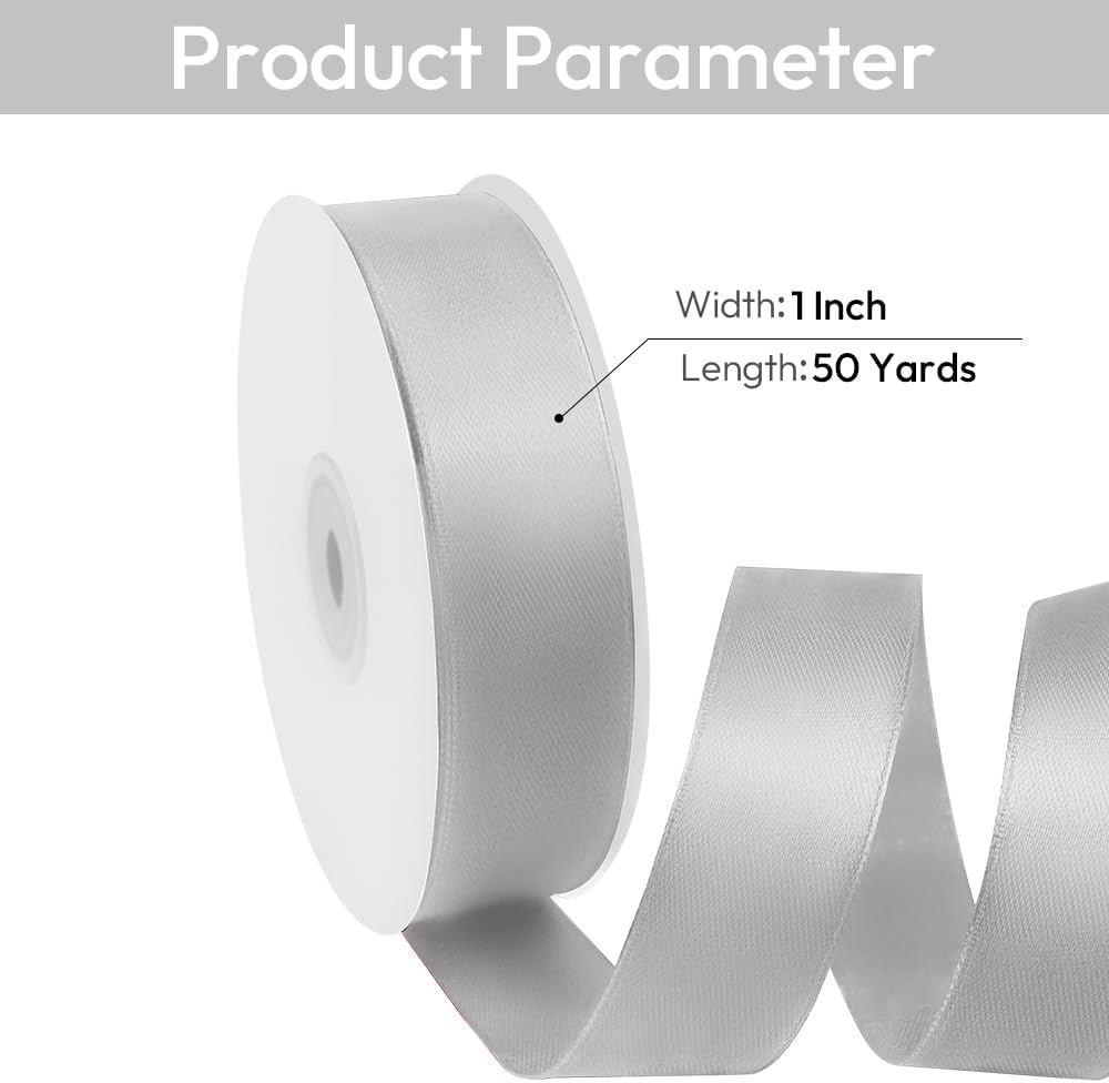 1" Width x 50 Yards Satin Fabric Ribbon, Silver Ribbon Perfect for DIY Bows, Swags, Gift Wrapping, Craft, Flower Bouquet，Christmas and Party Decoration