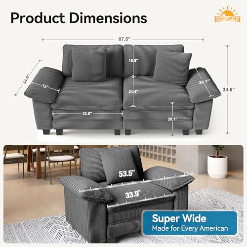 SUNSHINE VALLEY 87.5" Loveseat Cloud Couch Modular Sofa, Corduroy Grey - Image 2