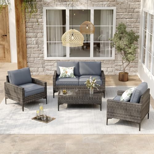 JOYURE 4-Piece Patio Furniture Set, Outdoor Wicker Patio Conversation Set by JOYURE