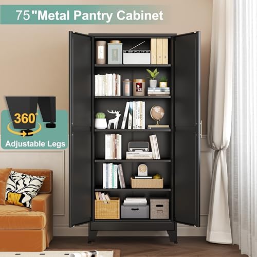 Metal Pantry Cabinet with 2 Doors and 5 Adjustable Shelves, Versatile Storage - Image 6