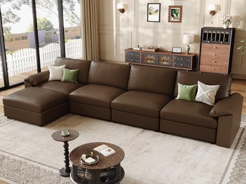 EASE MOOSE Faux Leather Sectional Couch, Deep Seat Modern Sofa, Deep Brown by EASEMOOSE