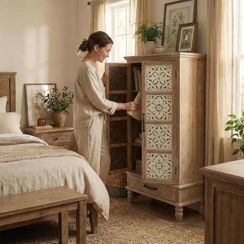 LKTART 55" Tall Carved Accent Cabinet, Solid Wood Sideboards Buffet Cabinet - Image 4